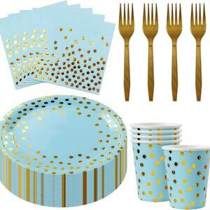210 pcs - Serves 30 - Light Blue and Gold Disposable Tableware